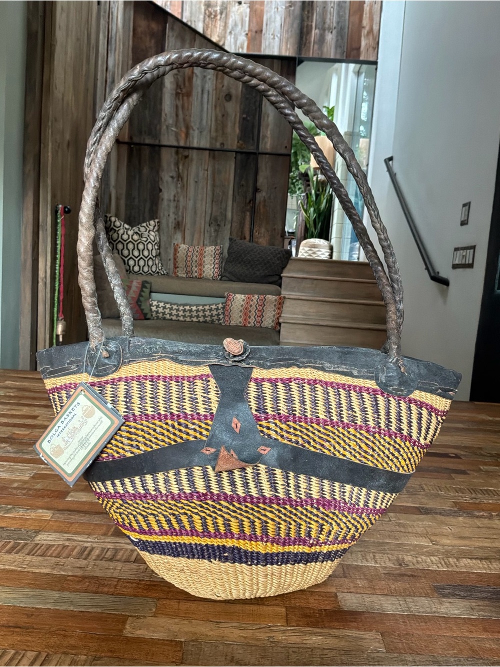Super Vintage. Braided Leather-Trim Woven Tote Bag in Yellow, Purple and Magenta